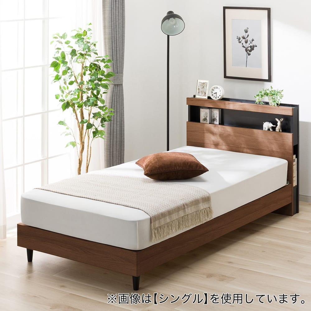 ダブル 棚付きすのこベッドフレームHF-305 LEG/LOW すのこ MBR) <N>